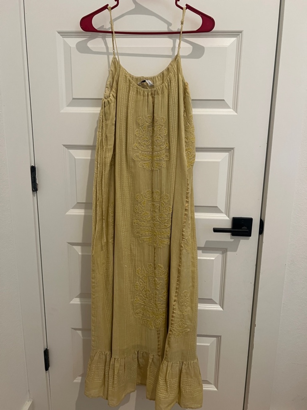 Zara Pale Yellow Embroidered Spaghetti-Strap Maxi Dress